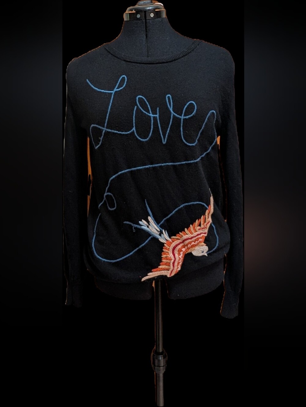 Johnny Was Black Sweater with Blue Script and Multicolor Embroidered Bird